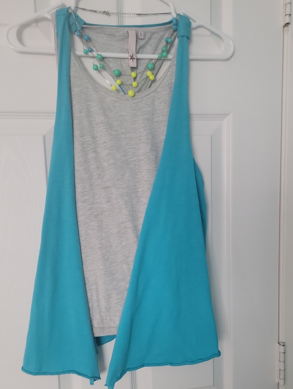 Light Gray Tank Top with Turquoise Overlay Vest by